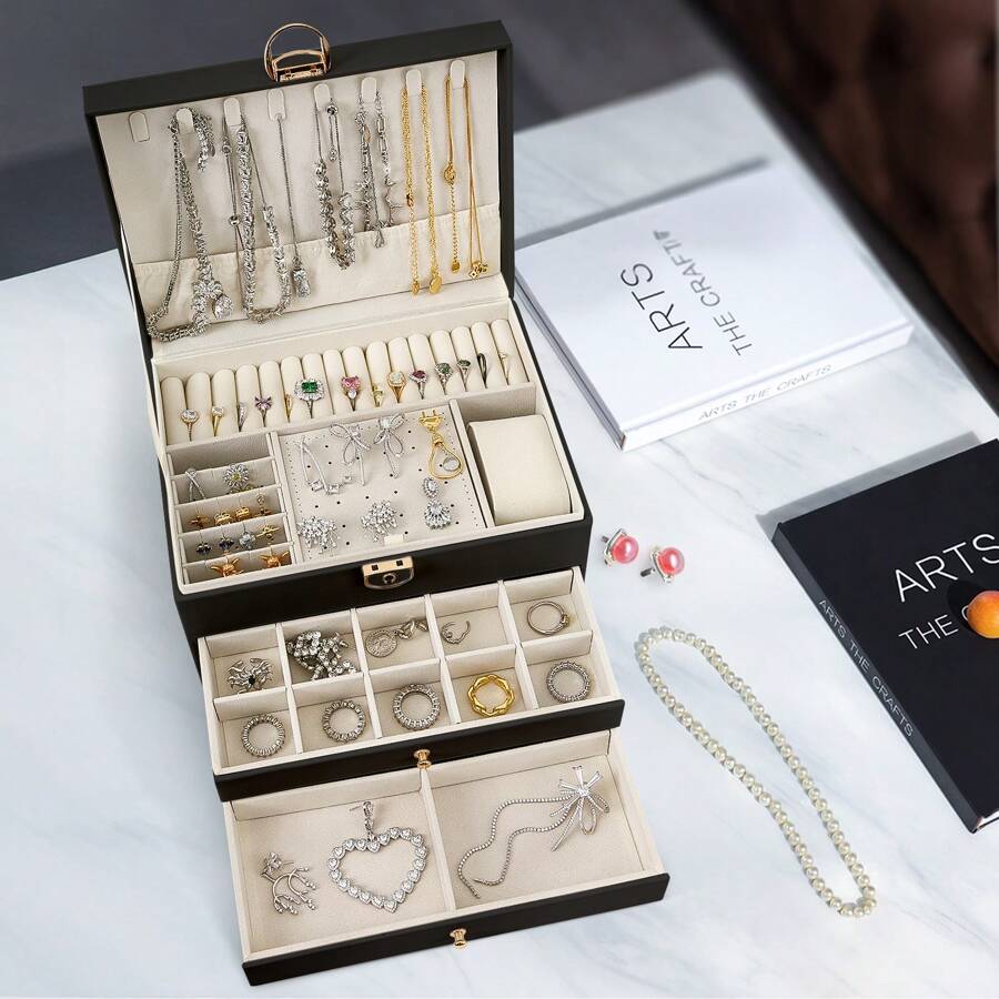 Sour Lemon Jewelry Box 3 Levels, Large-Capacity Jewelry Storage Box, Jewelry Box With 2 Drawers, Suitable For Rings, Necklaces, Watches, Earrings, Bracelets, Watch Jewelry Storage Display Box, Lockable, Gift Idea