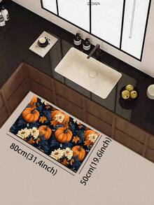 1pc Silica Gel Kitchen Floor Mat, Pumpkin & Floral Pattern, Deep Blue Background With Orange Pumpkins, Yellow Flowers And Green Leaves, Vibrant Autumn-Themed Decor, Suitable For Halloween And Fall Season