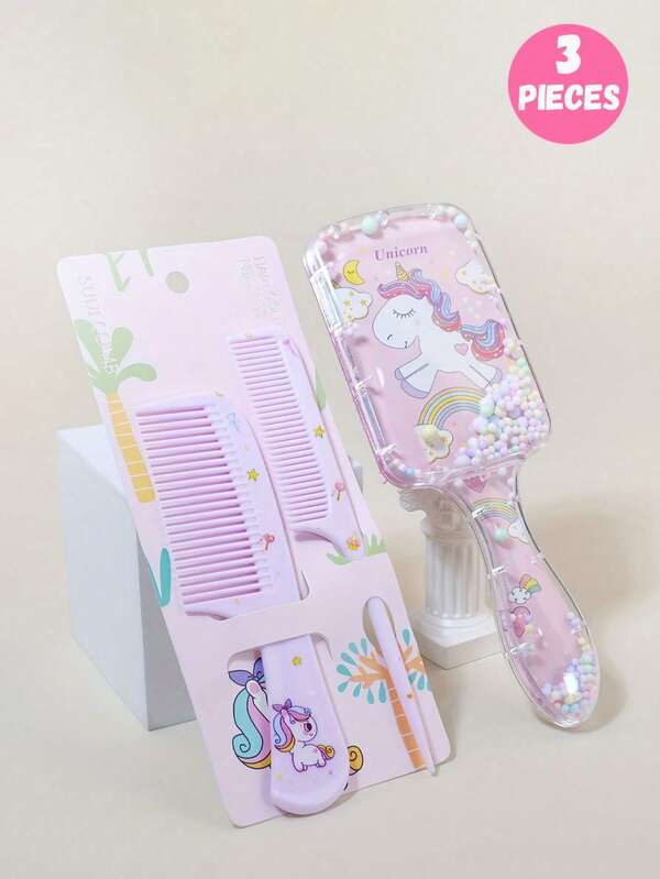 3pcs Chic Girls' Hair Comb Set - Portable, Anti-Static Plastic Combs With Cute Patterns | Perfect For Everyday & Travel, Hair Accessories For Girls