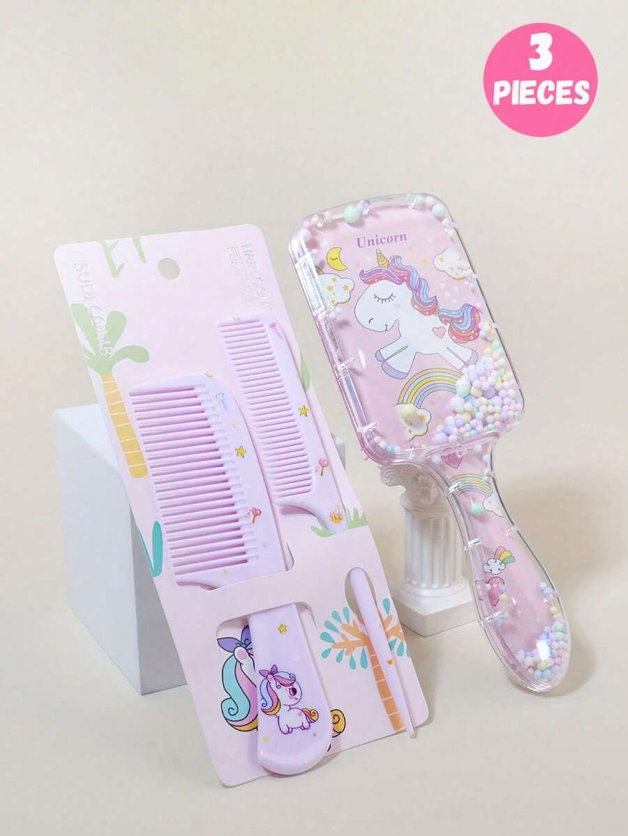 3件套时尚女童发梳套装 - 便携式防静电塑料梳子，可爱图案 | 适合日常使用和旅行，女童发饰 - 彩色 - 查看 1
