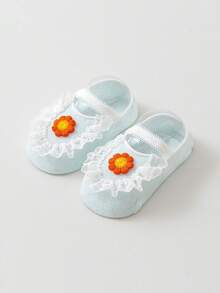1 Pair Breathable Thin Baby Boat Socks, Floral Lace Design, For Toddlers 0-1 Years Old, Summer