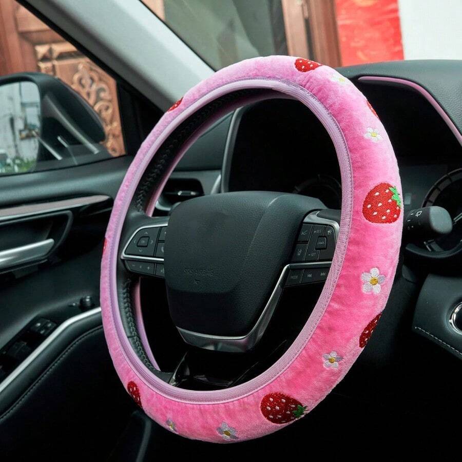 DCute Daisies Strawberry Embroidery Pink Steering Wheel CoverWomen Car Steering Wheel Covers Protector Strawberry Car Accories UniversalFit Most Cars 15 Inch7001 - 粉色 - 查看 1