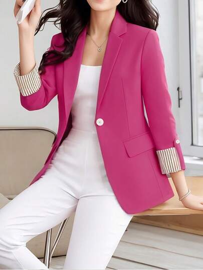 HOMEYEE 女式翻领 3/4 袖撞色条纹衬衫，复古优雅休闲度假商务办公室 OL 上衣，适合春夏秋季