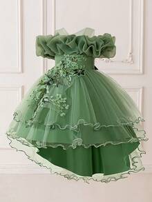 Young Girls Applique Mesh Satin Elegant Train Party Dress Suitable For Prom, Without Headband - Green - View 5