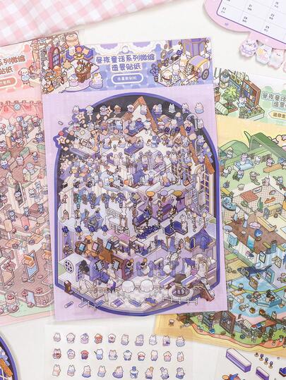 4 adesivos decorativos 3D fofos de paisagem em miniatura para estudantes, zoológico, dia e noite, série de contos de fadas, adequados para presentes, escritório, casa, marcação, etiquetas, salas de aula, brinquedos de entretenimento, diários de estudantes, adesivos decorativos criativos retrô para scrapbooking faça você mesmo