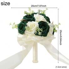 1pc Elegant Dark Green Rose Bouquet With Golden Leaves Satin Ribbon, Rustic Bridal Bouquet For Wedding, Bridesmaid, Garden Ceremony, Artificial PE Foam Rose Bouquet, Everlasting Flower PE1116D - 直徑17cm 高23cm - 查看 11
