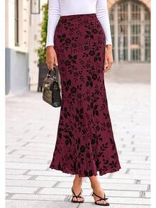 Womens Floral Mesh Maxi Skirt Elastic High Waisted Boho Elegant 2025 Summer Fall Long Skirts Women - 酒紅色 - 查看 2