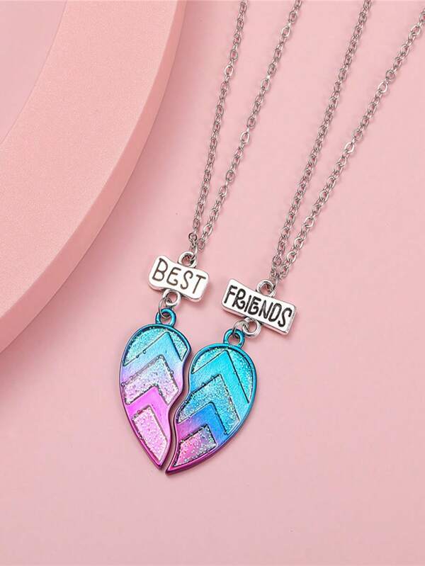 2pcs Best Friend Half Heart Pendant Necklace, Children's Best Friend Jewelry, Friendship Gift For Girls Best Friend Necklace