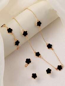 5 件女士时尚首饰套装，简约百搭幸运花和三叶草项链、手链、耳环、戒指套装 - 彩色 - 查看 1