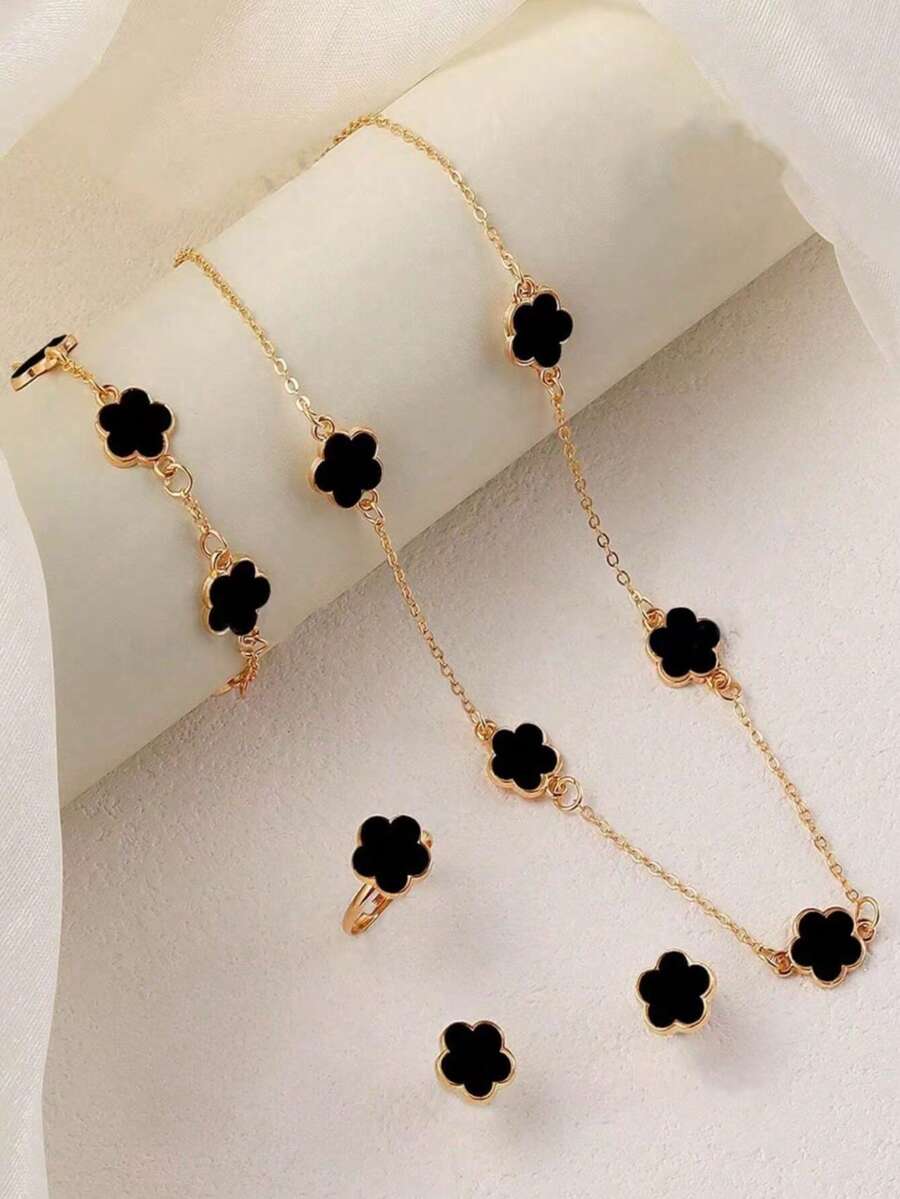 5 件女士时尚首饰套装，简约百搭幸运花和三叶草项链、手链、耳环、戒指套装 - 彩色 - 查看 1