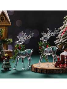 2 件透明水晶驯鹿雕像，亚克力鹿雪景装饰，圣诞节餐桌装饰，家居装饰，派对礼物 - 彩色 - 查看 3