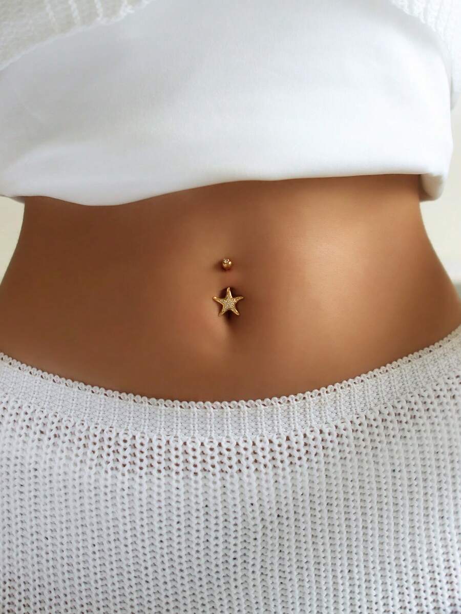 1 件性感方晶锆石海星装饰穿孔肚脐环，适合女性日常佩戴、度假、派对 - 金黃色 - 查看 1