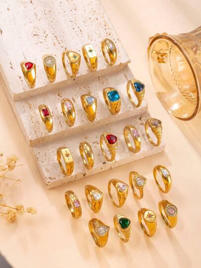 3pcs/6pcs/12pcs/24pcs Fashion Luxury Gold Color Rhinestone Stainless Steel Rings For Women, Suitable For Daily Wear (Random Size/Color, No Box)