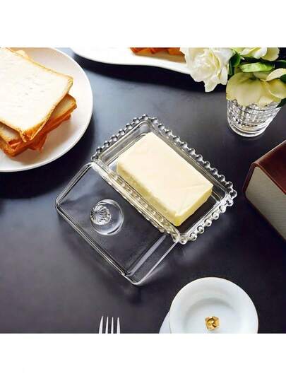 1pc 6.5-Inch Glass Butter Dish With Lid - Transparent Rectangular Butter Container, Dishwasher , Leak-Proof Locking Design, Elegant Textured Shape, Suitable For Cabinet Storage/Condiment Holding, Size: 6.6x3.4x3.4 Inches, Classic Kitchen Accessory
