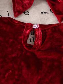 Jumpsuit Bayi Perempuan Warna Burgundy Beludru untuk Musim Gugur/Dingin, Jumpsuit Lengan Panjang Berkerut dengan Hiasan Pita + Bando Pita Polos - Burgundy - View 7