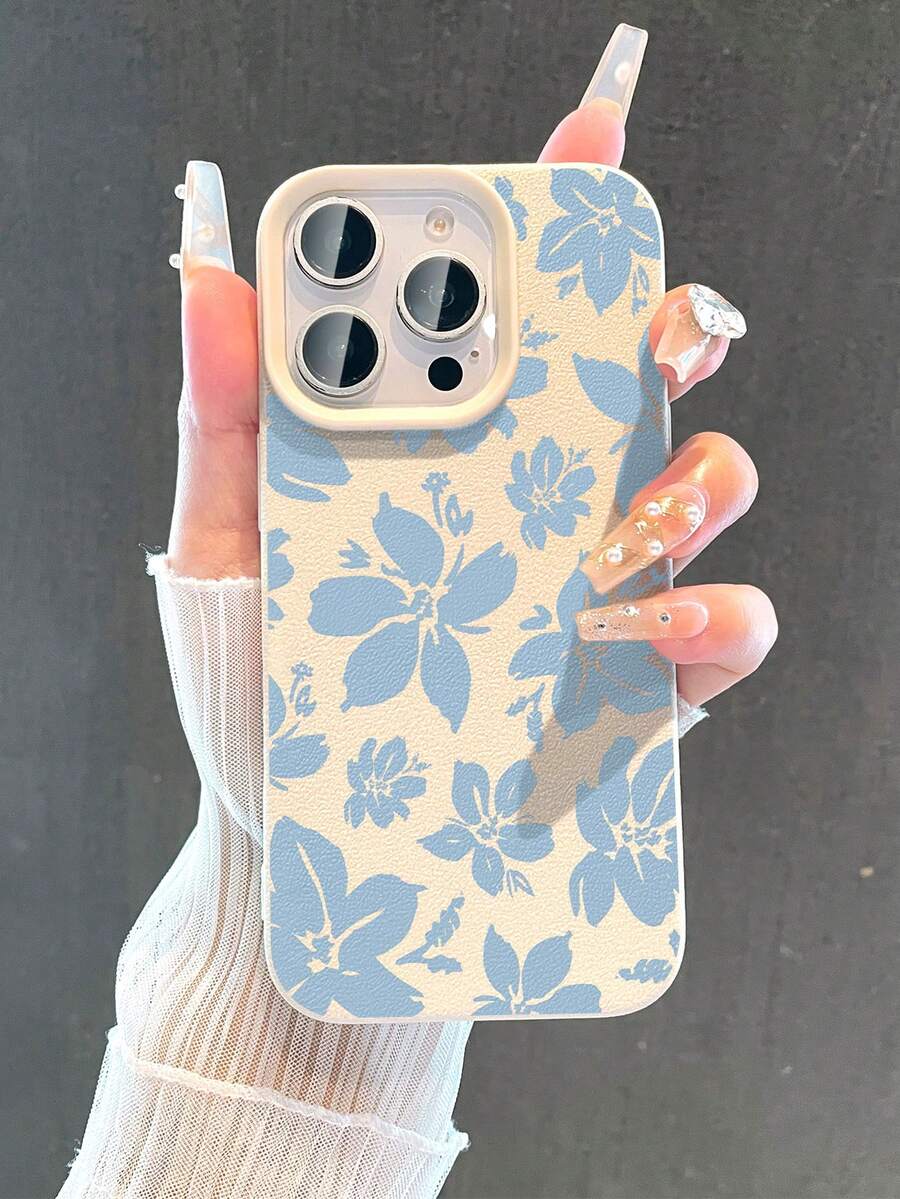 1 pieza Funda de teléfono suave, antideslizante y a prueba de caídas con patrón floral azul minimalista y textura de litchi, compatible con Apple y otros teléfonos
