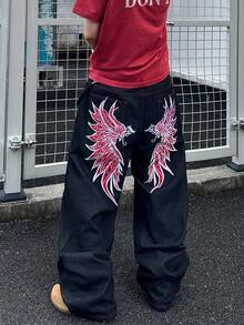 1pc Men's Loose Fit Embroidered Jeans, Comfortable Streetwear Casual Pants (Belt And Accessories Not Included)