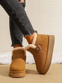 Women's Thick Sole Short Boots, Solid Color Casual Street Y2K Style Faux Fur Patchwork, Soft Comfortable Non-Slip Warm Winter Outdoor