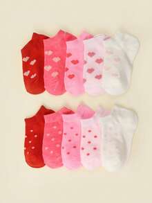 10 Pairs Baby Heart & Polka Dot Pattern Soft Ankle Socks, Suitable For Infants And Toddlers Daily Use