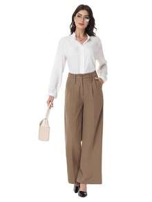 Women's Petite/Regular/Tall 3 Lengths Wrinkle-Free Flowy Office Dress Pants Slacks Breathable Workout Casual Wide Leg Stretchy High Waist Business Trousers - 鏽棕色 - 查看 9