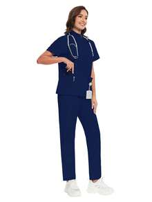 護理師制服上衣與長褲套裝，手術袍，臨床制服，適合美容院、SPA、醫院，秋季工作穿搭 - 藏蓝色 - 查看 6