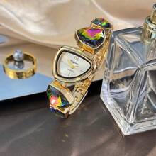 1pc Women's Asymmetrical Shape Alloy Case Colorful Rhinestone High-End Unique Personalized Quartz Watch - one-size - View 10