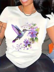 Y2K Mariposa  Hoja  Floral    Casual  Sexy  Dulce  Fiesta  Elegante    Ninguno    Playa  Noche de fiesta  Vacaciones  Boda  Deportivo  Oficina  Trajes de aeropuerto  Concierto de música country  desalmuerzo  Escenario y concierto    Camiseta de Mujer con Estampado de Colibríes y Flores - Manga Corta, Cuello Redondo, Diseño Tropical Vibrante y Corazones, Tejido Elástico Lavable a Máquina para Primavera y Verano, Ropa Inspirada en la Naturaleza, Ajuste Cómodo - Blanco - Ver 1