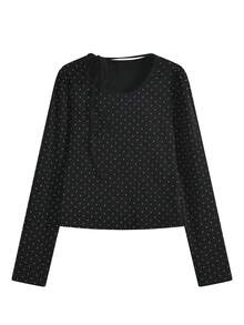 女士系领波点印花长袖修身T恤上衣，休闲度假春季黑色 - 黑色 - 查看 5