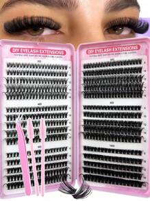 570pcs D Curl Eyelashes Extension Kit, 30D 40D 50D 60D 80D 100D 18-16mm DIY Individual False Eyelashes, 3D Mink Lashes Russian Volume Messy Dramatic Eyelashes For Makeup, Cosplay, Full Face And Daily Wear, Portable For Daily Use Or Outings Lash Clusters, Eyelash Clusters, Individual Eyelashes, Lashes, Fake Lashes - Black - View 2