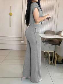 Women's Solid Color Casual Elegant Pocket Two Pieces Suit, Spring/Summer - Grey - View 3