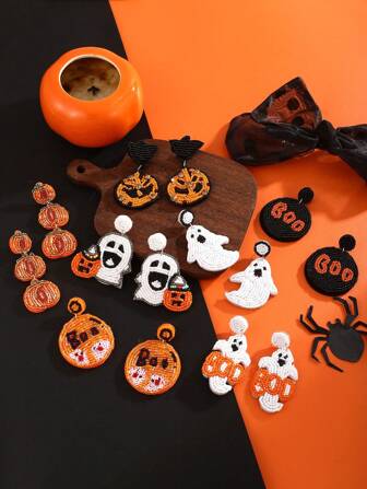 1 pieza Pendientes creativos de Halloween con diseño elegante y lindo de fantasma, calabaza y murciélago "BOO" con perlas, para mujeres, hermanas, parejas como regalo, adecuado para uso diario, citas, fiestas, banquetes, vacaciones y regalos, para uso en verano