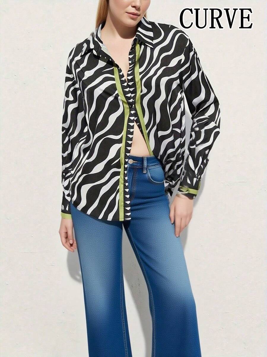 Plus 女式撞色条纹印花长袖衬衫上衣 - 黑與白 - 查看 1