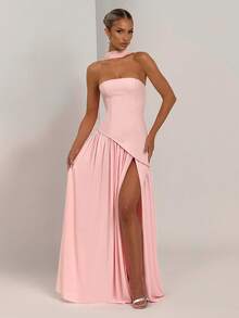 优雅性感露肩开衩飘逸连衣裙、派对礼服