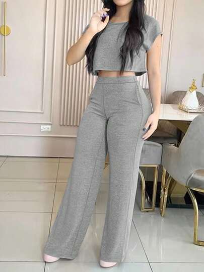 Conjunto de dos piezas de mujer de unicolor, elegante y casual con bolsillos, para primavera/verano