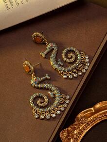Vintage Seahorse Earrings With Colorful Rhinestones, Elegant Design Suitable For Party, Halloween & Christmas Gifts - Royal Blue - View 3