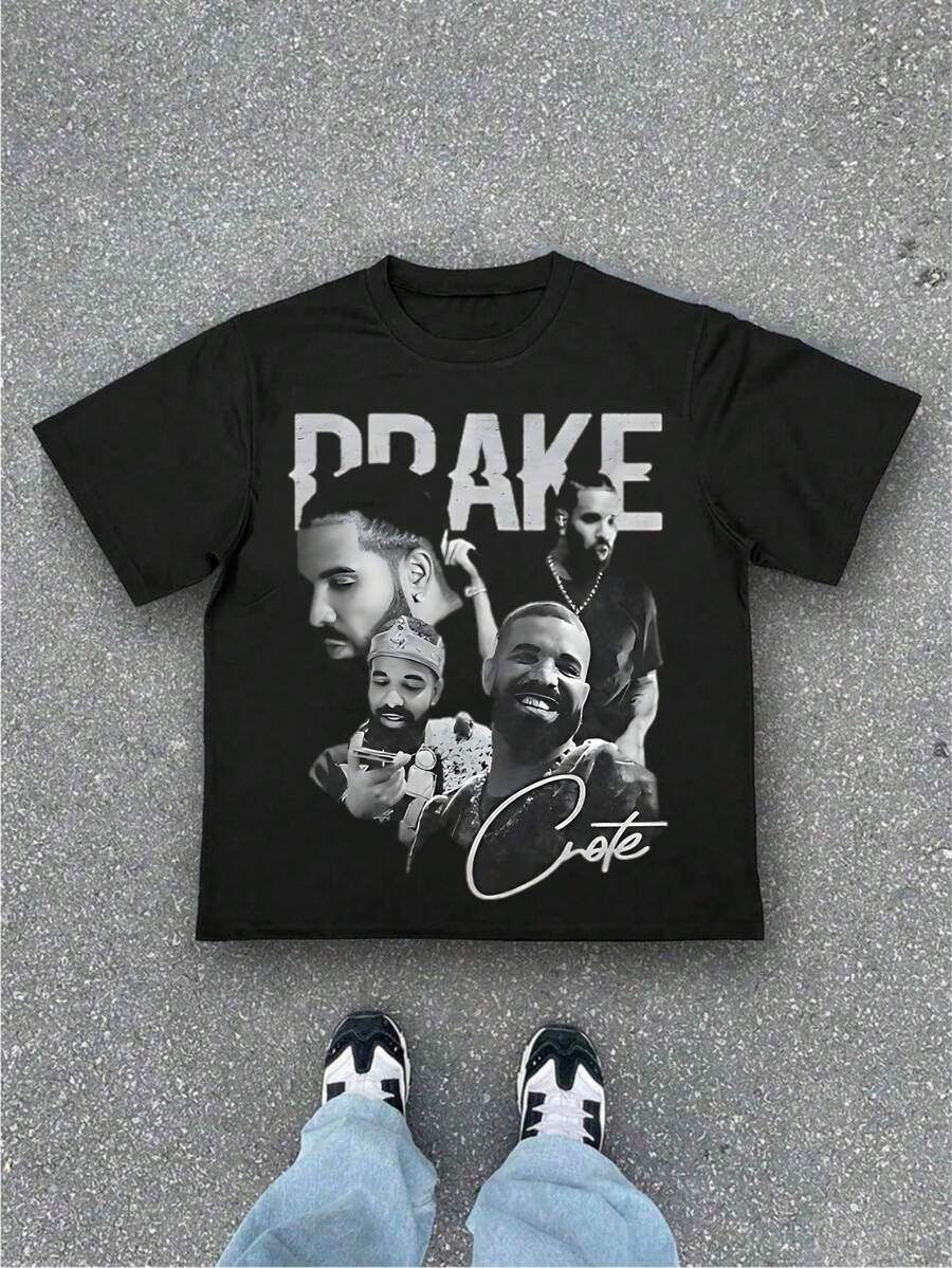 Men's Casual Plus-Size T-Shirt Drake Collage Graphic Casual Soft Short Sleeve Pure Cotton 220gsm T-Thirt - 黑色 - 查看 1