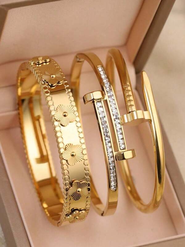 18 Karat vergoldetes Edelstahl Luxus Goldfarben Armreif Set, mit Zirkonia geometrischen Formen & Blumen für Frauen, Muttertagsgeschenk, Geschenk zum Schulanfang, Halloween Geschenke, Sommer Reise Strand Schmuck, Boho Schmuck, Rave/Abschlussball/Party/Alltags Accessoire, Geburtstagsgeschenk