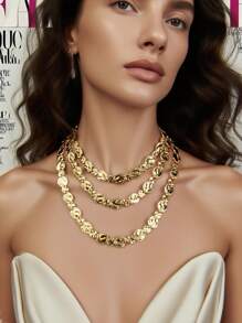 1pc Exaggerated Alloy Layered Coin & Badge Decor Necklace, High-End Design