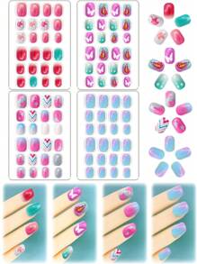 NAIO 96pcs/Set Kids Press On Nails Acrylic False Nails Pre-Glued Full Cover Glitter Cute Gradient, Five-Pointed Star, Butterfly, Unicorn And Other Elements Short Children's Stick-On False Nails Set For Kids Little Girls - Cute Spring And Summer Gradient Butterfly Theme