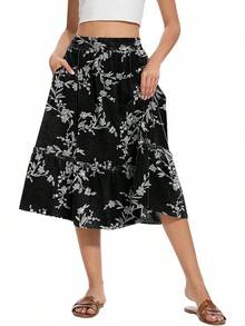 Women's High Waist Midi Skirts Summer Flowy Tiered Skirt With Pockets,Designed Women And Teenagers. - 白花黑 - 查看 3