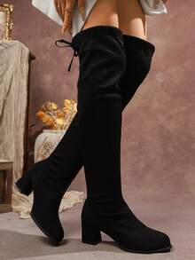 بوت طويلة للركبة للنساء موديل خريف/شتاء 2025، بوت طويلة مرنة ذات كعب عالي، بوت فوق الركبة من الجلد المدبوغ بكعب سميك - الأسود - مشاهدة 1
