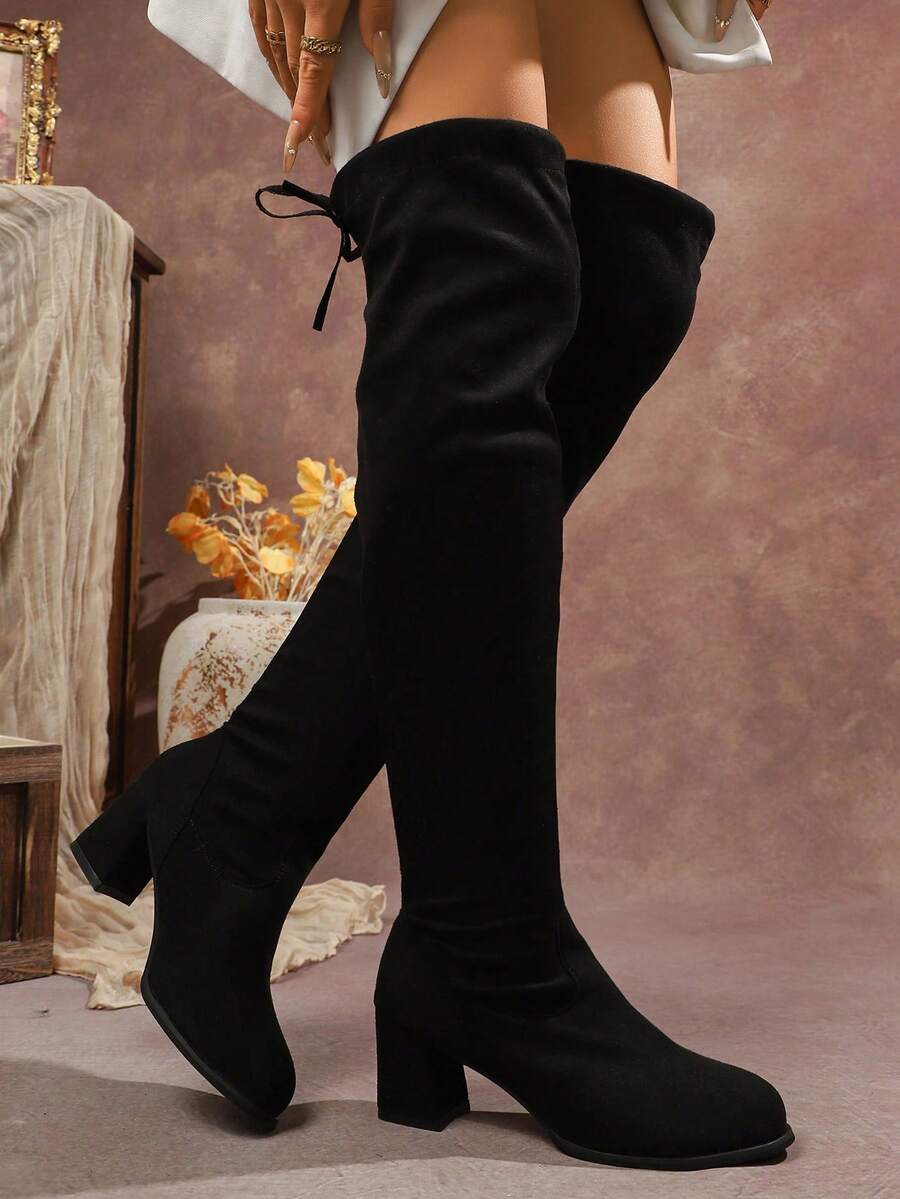 بوت طويلة للركبة للنساء موديل خريف/شتاء 2025، بوت طويلة مرنة ذات كعب عالي، بوت فوق الركبة من الجلد المدبوغ بكعب سميك - الأسود - مشاهدة 1