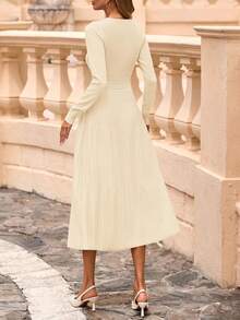 Women's Long Sleeve Midi Sweater Dress  Fall Crewneck Knit A Line Pleated Wedding Guest Winter Dresses - 杏色 - 查看 3