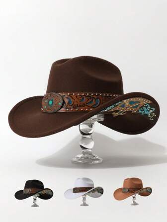 1pc Women's Fashion New Rivet Embroidered Brim Decor Cap, European & American Western Cowboy Hat, Unisex Jazz Hat, Suitable For Party, Western Theme Event, Gathering, Cosplay, Graduation Ceremony, Masquerade, Holiday, Birthday Celebration, Music Festival, Travel & Hiking, Sports Events