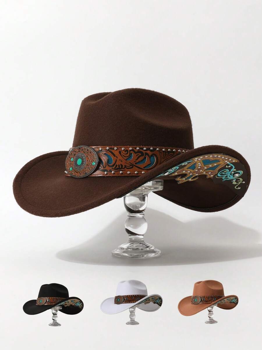 1pc Women's Fashion New Rivet Embroidered Brim Decor , European & American Western Cowboy , Jazz , Suitable For Party, Western Theme Event, Gathering, Cosplay, Graduation Ceremony, Masquerade, Holiday, Birthday Celebration, Music Festival, Travel & Hiking, Sports Events - Top Hat - View 1