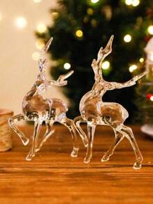 2 件透明水晶驯鹿雕像，亚克力鹿雪景装饰，圣诞节餐桌装饰，家居装饰，派对礼物 - 彩色 - 查看 4