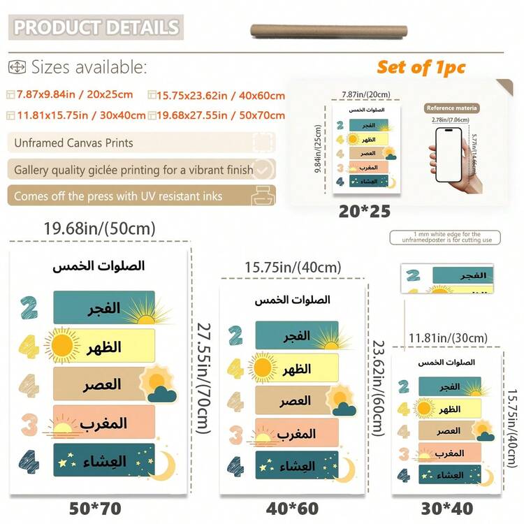 1 件阿拉伯语每日祈祷海报（儿童版），伊斯兰墙面装饰艺术，穆斯林儿童祈祷海报，儿童礼物，适用于儿童房、托儿所、男孩和女孩的派对卧室、幼儿园教室装饰，防水。房间床头板装饰壁纸，派对装饰礼物 - 彩色 - 查看 4
