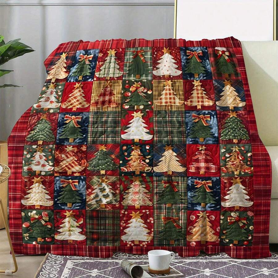 1 buah Selimut Patchwork Pohon Natal Vintage - Flanel Lembut & Nyaman dengan Desain Pohon Natal - Cocok untuk Sofa, Tempat Tidur, Mobil, Kantor, Berkemah & Bepergian - Ringan, Hangat, Hadiah Sepanjang Musim, Aneka Warna