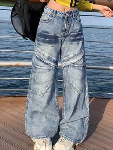 Vintage Washed Street Style Jeans, Sexy Design, Casual Vacation Travel Pants, Relaxed And Fashionable Straight Leg Jeans, Suitable For Back To School Season