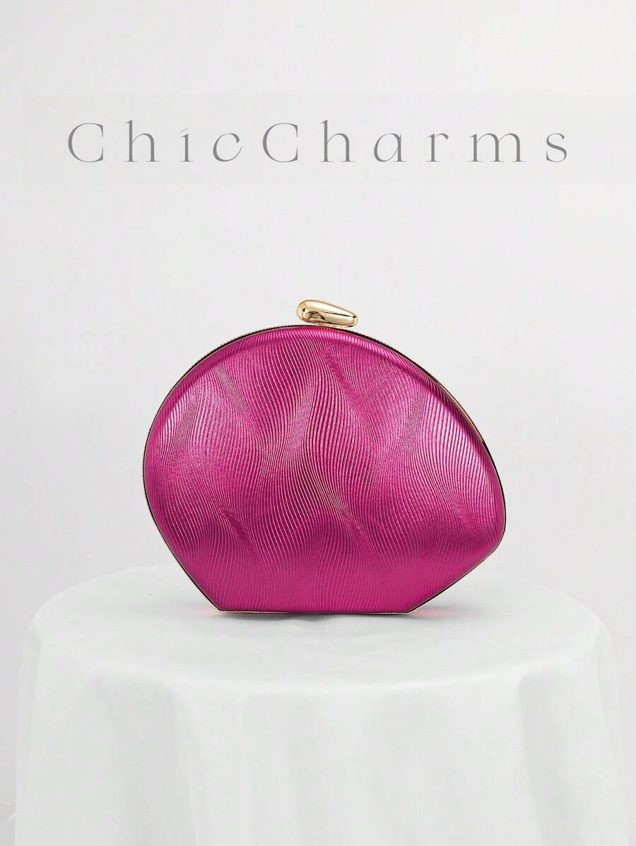 女士简约时尚金色PU波纹设计盒形晚宴手拿包，适合宴会、婚礼、正式派对、舞会、新娘配饰，链条肩带，随机纹理 - 玫紅色 - 查看 1